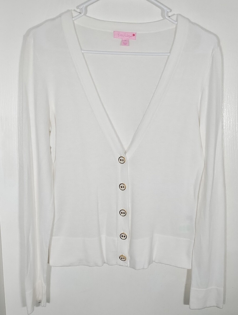 Lilly Pulitzer White Cardigan Sweater M Gold Rimmed Buttons Long Sleeve V-neck